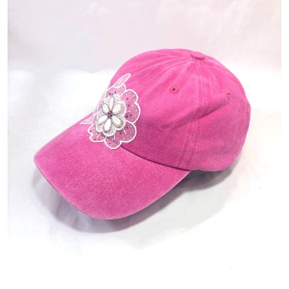 Handmade Shiny Rhinestone Bling Floral accent Pink Streetwear Baseball Cap Hat - Picture 6 of 9